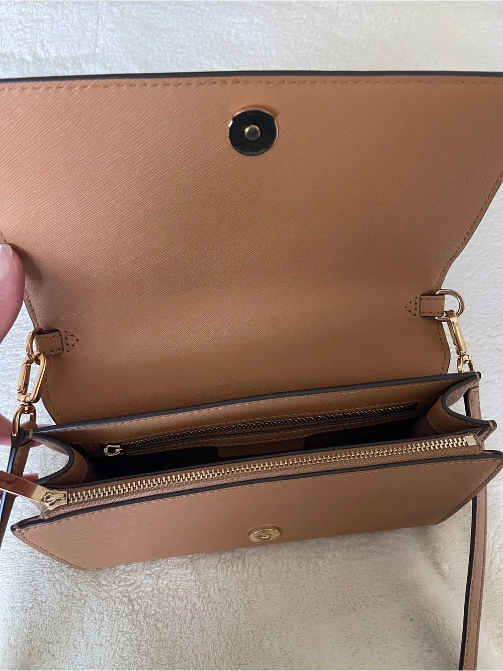 Tory Burch Caramel Leather Crossbody with Gold Logo